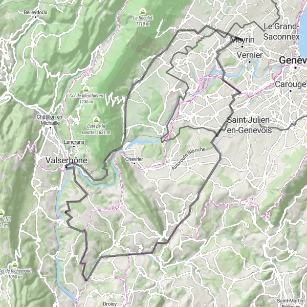 Miniatua del mapa de inspiración ciclista "Ruta de ciclismo de carretera Meyrin-Bernex-Frangy-Bellegarde-sur-Valserine-Meyrin" en Région lémanique, Switzerland. Generado por Tarmacs.app planificador de rutas ciclistas