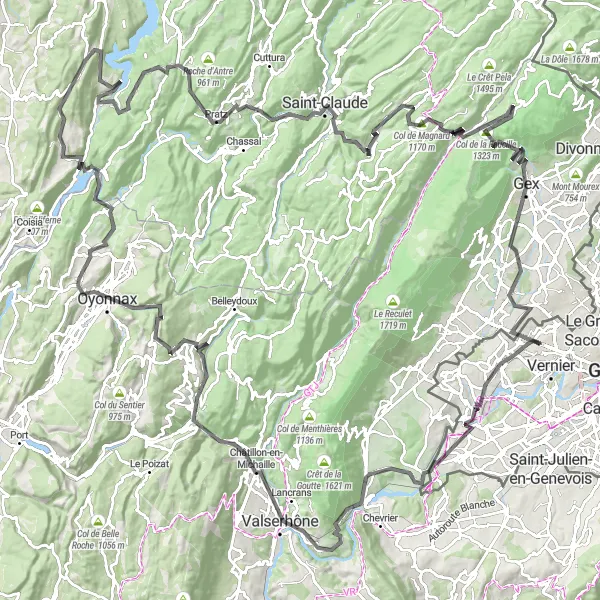 Miniatuurkaart van de fietsinspiratie "Rondreis door de Jura van Meyrin naar Saint-Claude via Oyonnax en Col de la Faucille" in Région lémanique, Switzerland. Gemaakt door de Tarmacs.app fietsrouteplanner