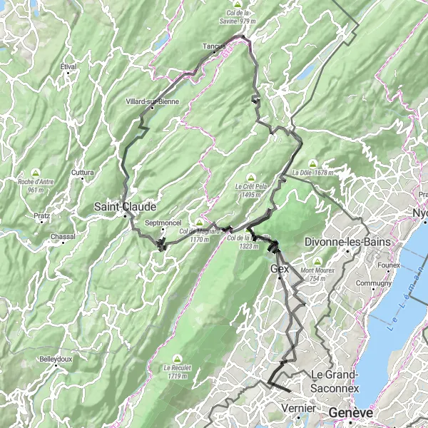 Karten-Miniaturansicht der Radinspiration "Straßenroute von Meyrin nach Mijoux" in Région lémanique, Switzerland. Erstellt vom Tarmacs.app-Routenplaner für Radtouren