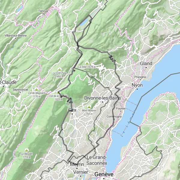 Zemljevid v pomanjšavi "Cestna tura Échenevex - Ferney-Voltaire" kolesarske inspiracije v Région lémanique, Switzerland. Generirano z načrtovalcem kolesarskih poti Tarmacs.app