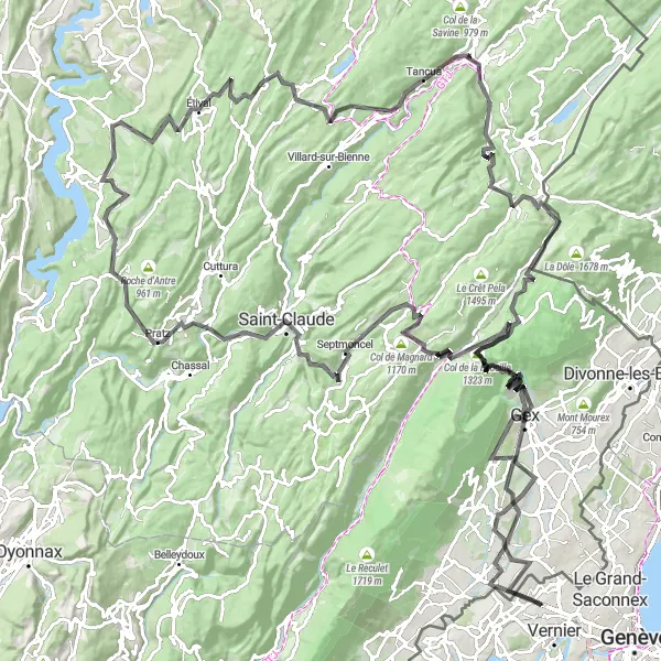 Miniaturekort af cykelinspirationen "Eksklusiv landevejscykelrute til Échenevex og tilbage" i Région lémanique, Switzerland. Genereret af Tarmacs.app cykelruteplanlægger