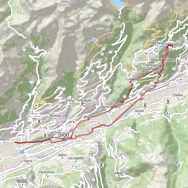Map miniature of "Granges to Randogne Gravel Route" cycling inspiration in Région lémanique, Switzerland. Generated by Tarmacs.app cycling route planner