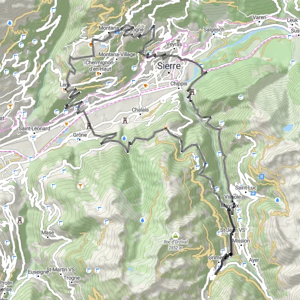 Miniatua del mapa de inspiración ciclista "Ruta escénica por los alrededores de Montana" en Région lémanique, Switzerland. Generado por Tarmacs.app planificador de rutas ciclistas
