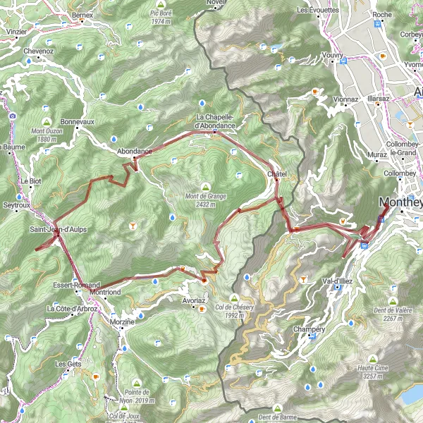 Miniaturní mapa "Gravelový okruh přes Les Neyres a Ardentský vodopád" inspirace pro cyklisty v oblasti Région lémanique, Switzerland. Vytvořeno pomocí plánovače tras Tarmacs.app