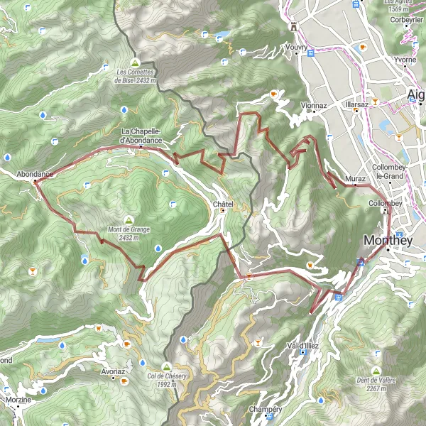 Map miniature of "Troistorrents - Collombey Gravel Adventure" cycling inspiration in Région lémanique, Switzerland. Generated by Tarmacs.app cycling route planner