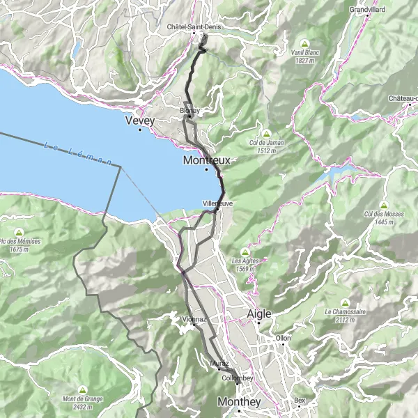 Map miniature of "Vionnaz to Manoir de Châtillon-Larringes" cycling inspiration in Région lémanique, Switzerland. Generated by Tarmacs.app cycling route planner