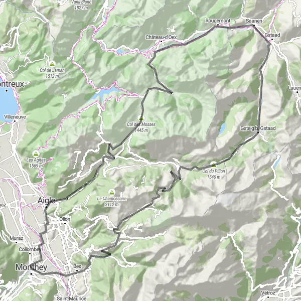 Map miniature of "Aigle - Massongex Loop" cycling inspiration in Région lémanique, Switzerland. Generated by Tarmacs.app cycling route planner