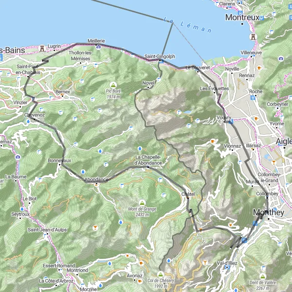 Miniaturní mapa "Okruh s horskými výstupy přes Pas de Morgins, Châtel a Abondance" inspirace pro cyklisty v oblasti Région lémanique, Switzerland. Vytvořeno pomocí plánovače tras Tarmacs.app
