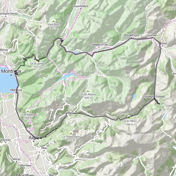 Miniatua del mapa de inspiración ciclista "Desafío alpino desde Montreux a Montreux vía Caux, Rossinière y Aigle" en Région lémanique, Switzerland. Generado por Tarmacs.app planificador de rutas ciclistas