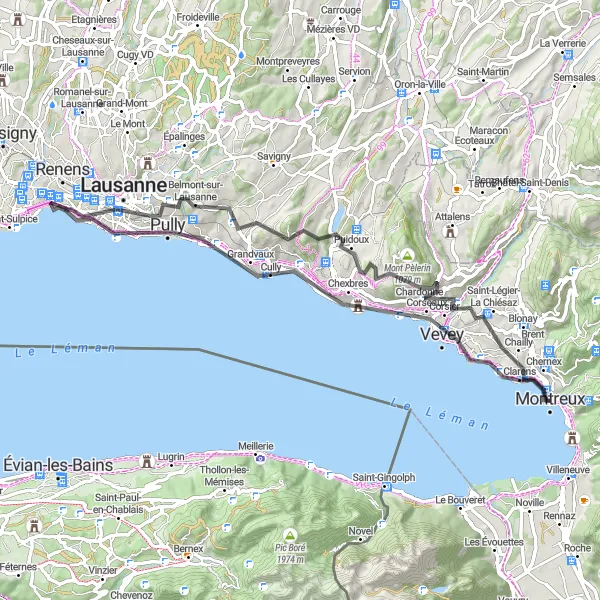 Miniatura della mappa di ispirazione al ciclismo "Montreux - Lausanne - Montreux" nella regione di Région lémanique, Switzerland. Generata da Tarmacs.app, pianificatore di rotte ciclistiche