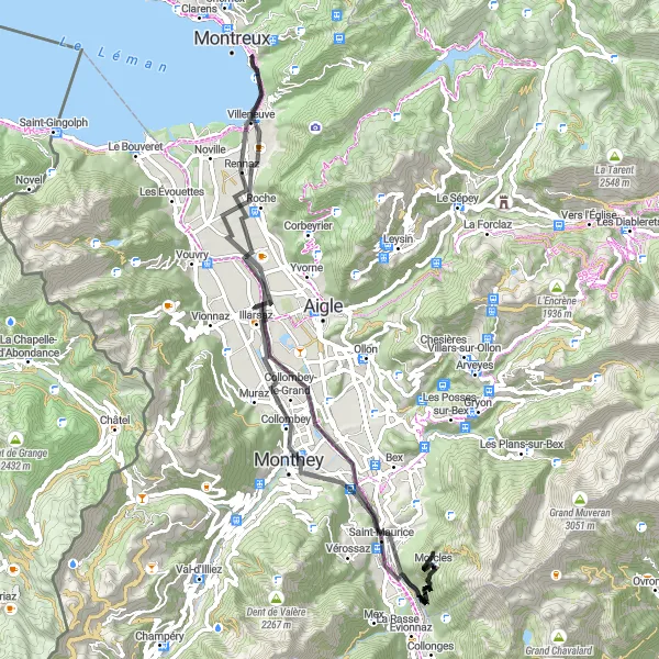 Karttaminiaatyyri "Historiallinen kierros: Montreux - Morcles - Territet" pyöräilyinspiraatiosta alueella Région lémanique, Switzerland. Luotu Tarmacs.app pyöräilyreittisuunnittelijalla