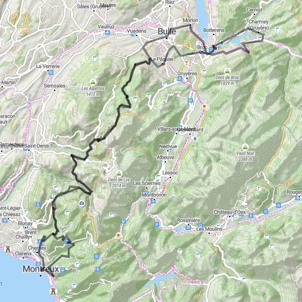 Miniatua del mapa de inspiración ciclista "Ruta de 109 km en carretera desde Montreux hasta Sonzier" en Région lémanique, Switzerland. Generado por Tarmacs.app planificador de rutas ciclistas