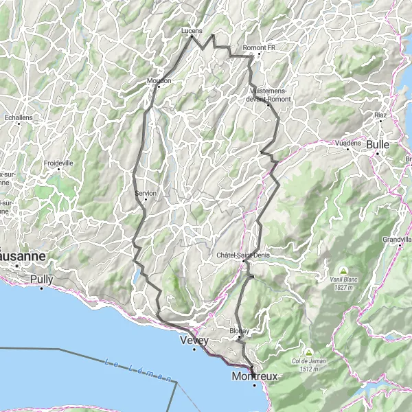 Miniatura della mappa di ispirazione al ciclismo "Tour del Lago di Ginevra" nella regione di Région lémanique, Switzerland. Generata da Tarmacs.app, pianificatore di rotte ciclistiche