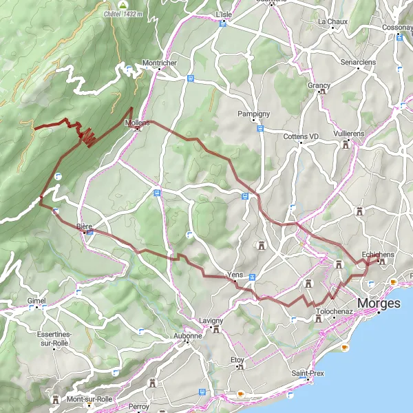 Miniature de la carte de l'inspiration cycliste "Escapade au Signal d'Echichens en gravel" dans la Région lémanique, Switzerland. Générée par le planificateur d'itinéraire cycliste Tarmacs.app