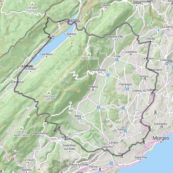 Map miniature of "Morges to Lac de Joux Loop" cycling inspiration in Région lémanique, Switzerland. Generated by Tarmacs.app cycling route planner