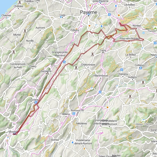 Miniaturní mapa "Gravelová trasa s výhledem na Château de Moudon" inspirace pro cyklisty v oblasti Région lémanique, Switzerland. Vytvořeno pomocí plánovače tras Tarmacs.app