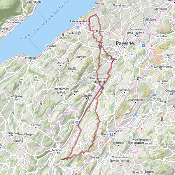 Miniatua del mapa de inspiración ciclista "Ruta de grava a través de Moudon" en Région lémanique, Switzerland. Generado por Tarmacs.app planificador de rutas ciclistas