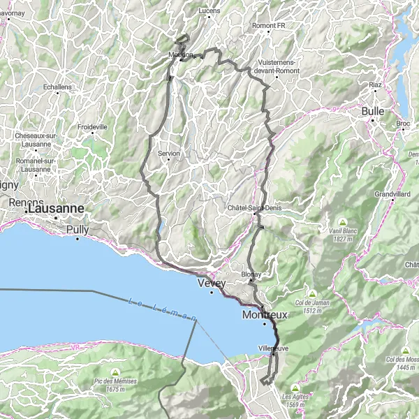Kartminiatyr av "Moudon till Chillon Castle Road Loop" cykelinspiration i Région lémanique, Switzerland. Genererad av Tarmacs.app cykelruttplanerare