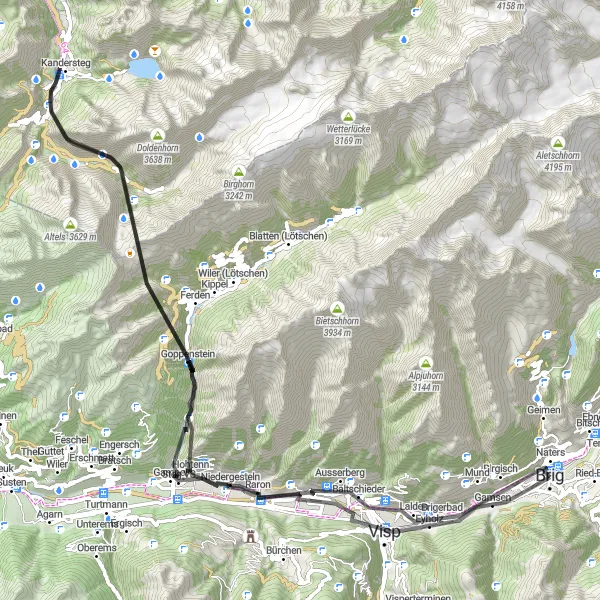 Miniaturekort af cykelinspirationen "Kandersteg Loop fra Naters" i Région lémanique, Switzerland. Genereret af Tarmacs.app cykelruteplanlægger