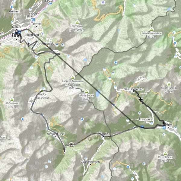 Miniaturekort af cykelinspirationen "Simplon Pass Route fra Naters" i Région lémanique, Switzerland. Genereret af Tarmacs.app cykelruteplanlægger