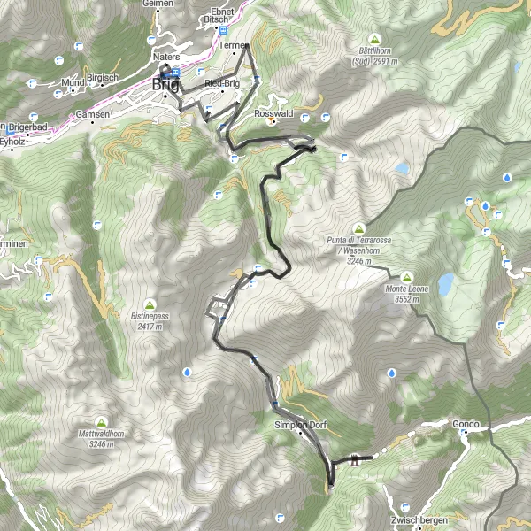 Zemljevid v pomanjšavi "Epic Road Cycling Loop from Naters to Brig" kolesarske inspiracije v Région lémanique, Switzerland. Generirano z načrtovalcem kolesarskih poti Tarmacs.app