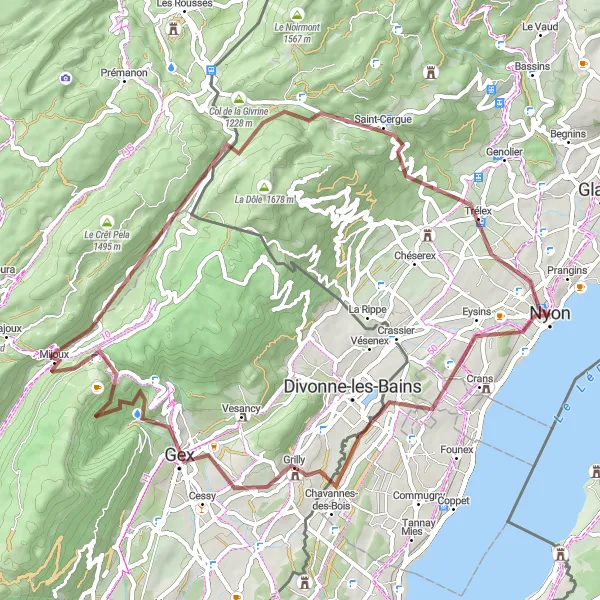 Miniatura della mappa di ispirazione al ciclismo "Avventura in bicicletta da Nyon a Trélex" nella regione di Région lémanique, Switzerland. Generata da Tarmacs.app, pianificatore di rotte ciclistiche