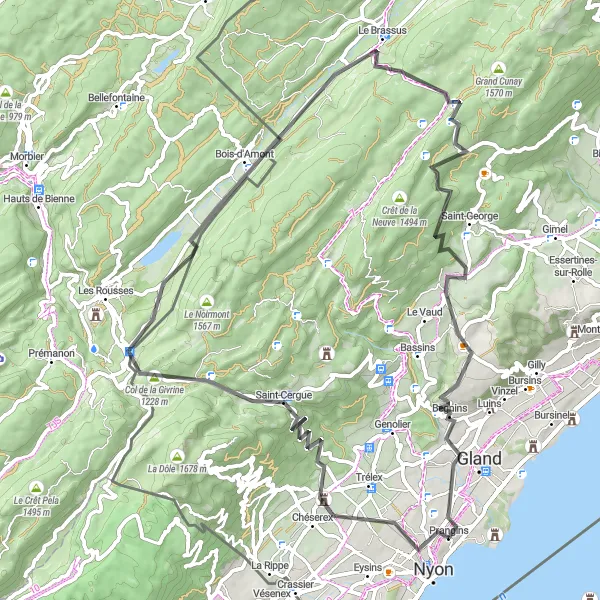 Zemljevid v pomanjšavi "Kolesarska pot Marchairuz" kolesarske inspiracije v Région lémanique, Switzerland. Generirano z načrtovalcem kolesarskih poti Tarmacs.app