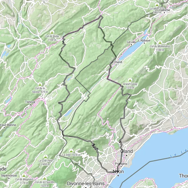 Map miniature of "Eysins to Begnins Road Cycling Route via Col du Marchairuz" cycling inspiration in Région lémanique, Switzerland. Generated by Tarmacs.app cycling route planner