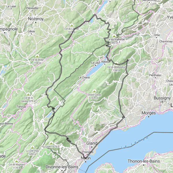 Zemljevid v pomanjšavi "Veliki krog po okolici Nyon-a" kolesarske inspiracije v Région lémanique, Switzerland. Generirano z načrtovalcem kolesarskih poti Tarmacs.app