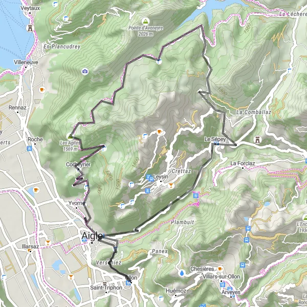 Map miniature of "The Aigle Loop" cycling inspiration in Région lémanique, Switzerland. Generated by Tarmacs.app cycling route planner