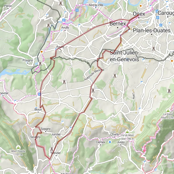 Kartminiatyr av "Avkopplande grusvägstur till Minzier och Valleiry" cykelinspiration i Région lémanique, Switzerland. Genererad av Tarmacs.app cykelruttplanerare