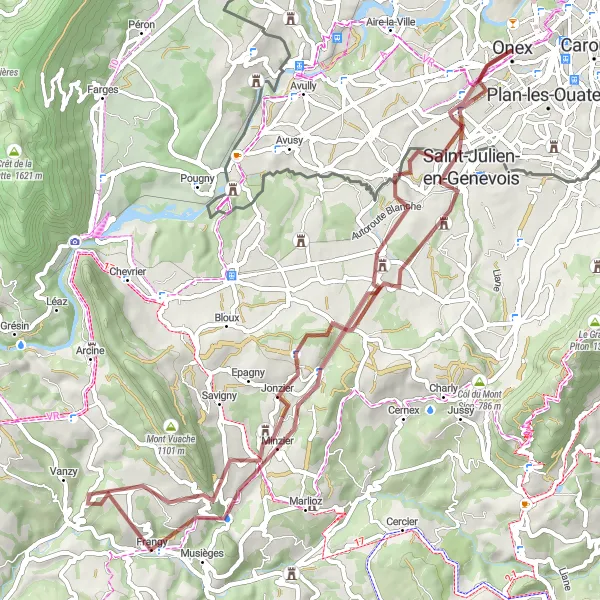 Miniature de la carte de l'inspiration cycliste "Chemin des Graviers à travers les Collines Genevoises" dans la Région lémanique, Switzerland. Générée par le planificateur d'itinéraire cycliste Tarmacs.app