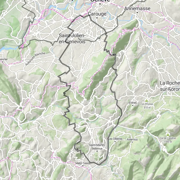 Map miniature of "Climbing Challenge: Onex to Saint-Julien-en-Genevois" cycling inspiration in Région lémanique, Switzerland. Generated by Tarmacs.app cycling route planner