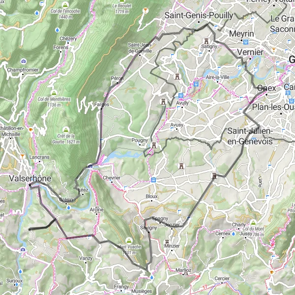 Miniature de la carte de l'inspiration cycliste "Boucle à travers les Vallées du Jura" dans la Région lémanique, Switzerland. Générée par le planificateur d'itinéraire cycliste Tarmacs.app