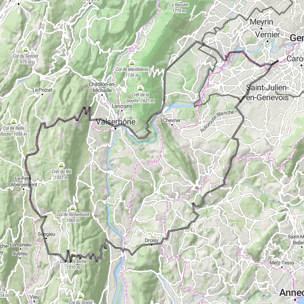 Miniatua del mapa de inspiración ciclista "Ruta de ciclismo de carretera desde Onex hasta Bellegarde-sur-Valserine" en Région lémanique, Switzerland. Generado por Tarmacs.app planificador de rutas ciclistas