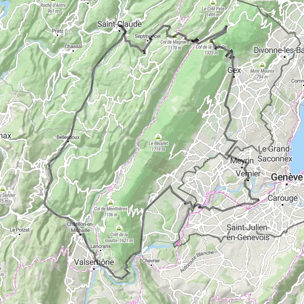 Kartminiatyr av "Utmanande cykeltur till Vernier och Belleydoux" cykelinspiration i Région lémanique, Switzerland. Genererad av Tarmacs.app cykelruttplanerare
