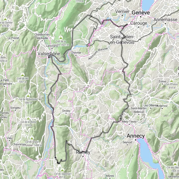 Karttaminiaatyyri "Pitkä ja vaativa pyöräilyreitti Geneven ympäristössä" pyöräilyinspiraatiosta alueella Région lémanique, Switzerland. Luotu Tarmacs.app pyöräilyreittisuunnittelijalla