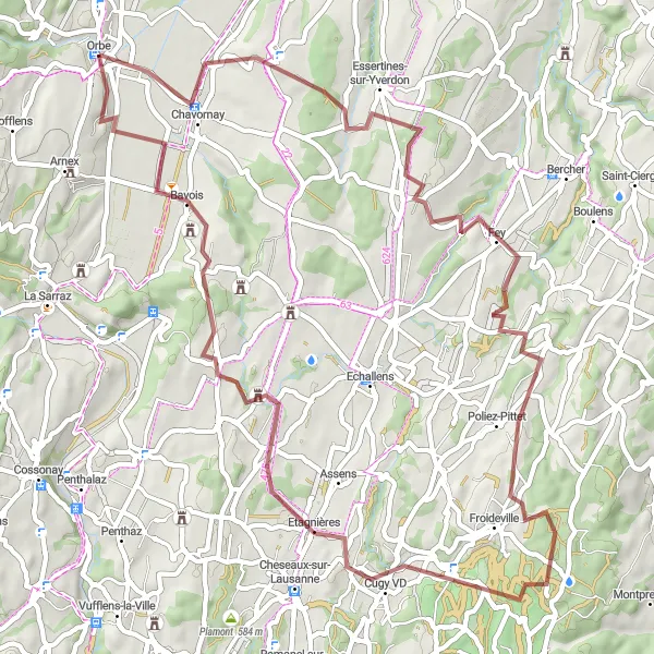 Miniaturní mapa "Gravel Route near Orbe" inspirace pro cyklisty v oblasti Région lémanique, Switzerland. Vytvořeno pomocí plánovače tras Tarmacs.app
