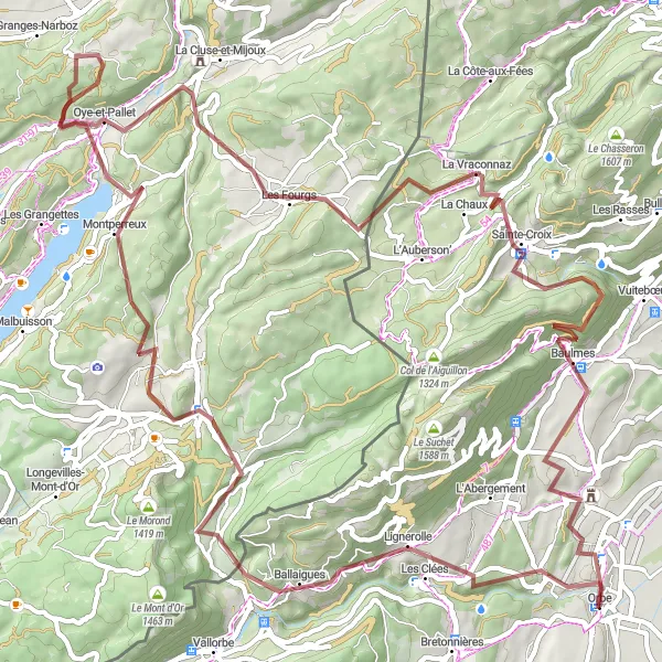 Kartminiatyr av "Utforsk historie og natur: Montcherand til Mosaïques romaines d'Orbe-Boscéaz" sykkelinspirasjon i Région lémanique, Switzerland. Generert av Tarmacs.app sykkelrutoplanlegger