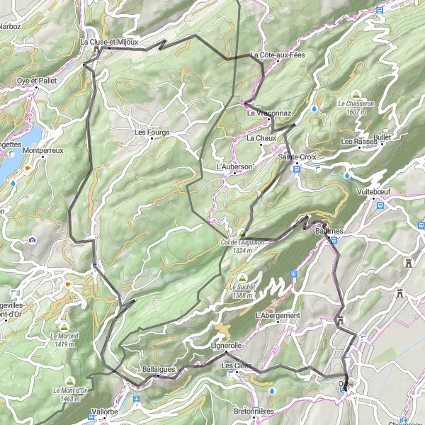 Mapa miniatúra "Cyklotrasa cez Col de Jougne a Les Hôpitaux-Vieux" cyklistická inšpirácia v Région lémanique, Switzerland. Vygenerované cyklistickým plánovačom trás Tarmacs.app