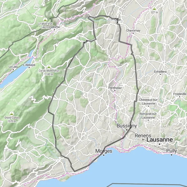 Miniaturní mapa "Silniční okruh kolem Morges" inspirace pro cyklisty v oblasti Région lémanique, Switzerland. Vytvořeno pomocí plánovače tras Tarmacs.app