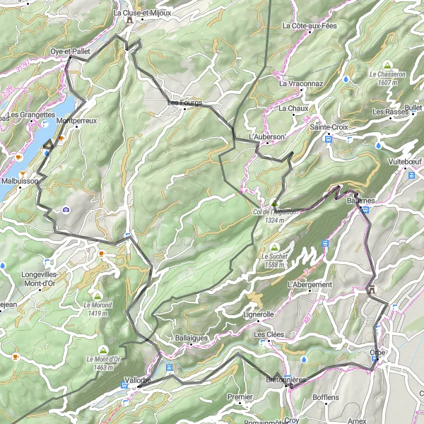 Kartminiatyr av "Landsbysjarm langs veien: Vallorbe til Château d'Orbe" sykkelinspirasjon i Région lémanique, Switzerland. Generert av Tarmacs.app sykkelrutoplanlegger