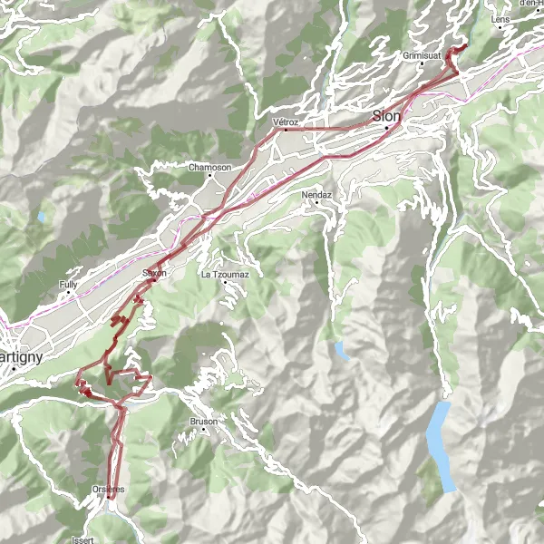 Mapa miniatúra "Gravel around the Valais Vineyards" cyklistická inšpirácia v Région lémanique, Switzerland. Vygenerované cyklistickým plánovačom trás Tarmacs.app