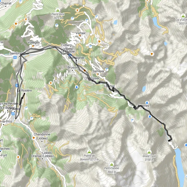 Kartminiatyr av "Sembrancher til Roc Blanc" sykkelinspirasjon i Région lémanique, Switzerland. Generert av Tarmacs.app sykkelrutoplanlegger