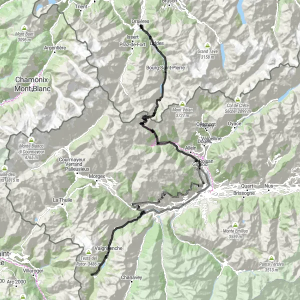 Miniaturní mapa "Cyklická trasa Aosta - Orsières přes Great St Bernard Pass" inspirace pro cyklisty v oblasti Région lémanique, Switzerland. Vytvořeno pomocí plánovače tras Tarmacs.app