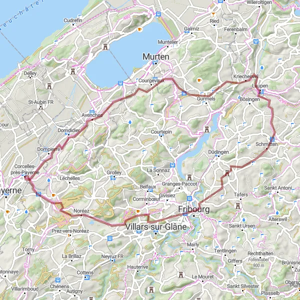 Kartminiatyr av "Kulturelle skatter og naturskjønne landskap rundt Payerne" sykkelinspirasjon i Région lémanique, Switzerland. Generert av Tarmacs.app sykkelrutoplanlegger