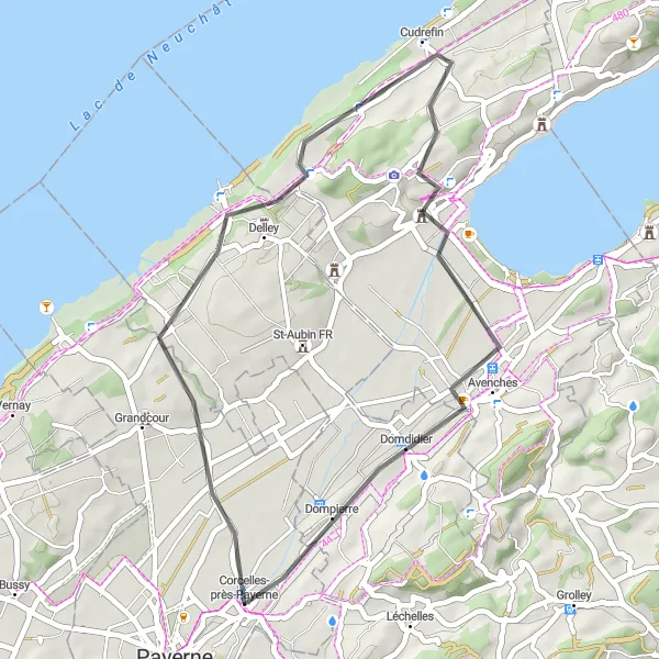 Kartminiatyr av "Veitour gjennom landsbyene i området" sykkelinspirasjon i Région lémanique, Switzerland. Generert av Tarmacs.app sykkelrutoplanlegger