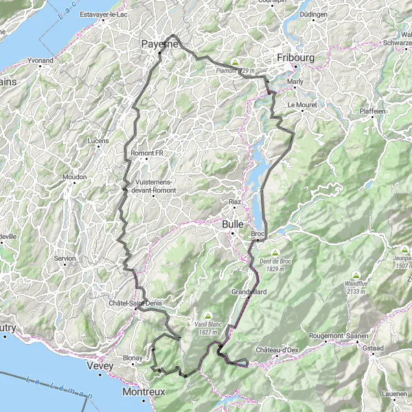 Miniatura della mappa di ispirazione al ciclismo "Road da Piamont a Payerne" nella regione di Région lémanique, Switzerland. Generata da Tarmacs.app, pianificatore di rotte ciclistiche