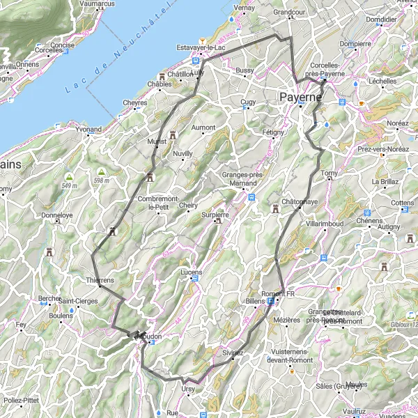 Miniatura della mappa di ispirazione al ciclismo "Giro in bicicletta da Payerne a Corcelles-près-Payerne" nella regione di Région lémanique, Switzerland. Generata da Tarmacs.app, pianificatore di rotte ciclistiche