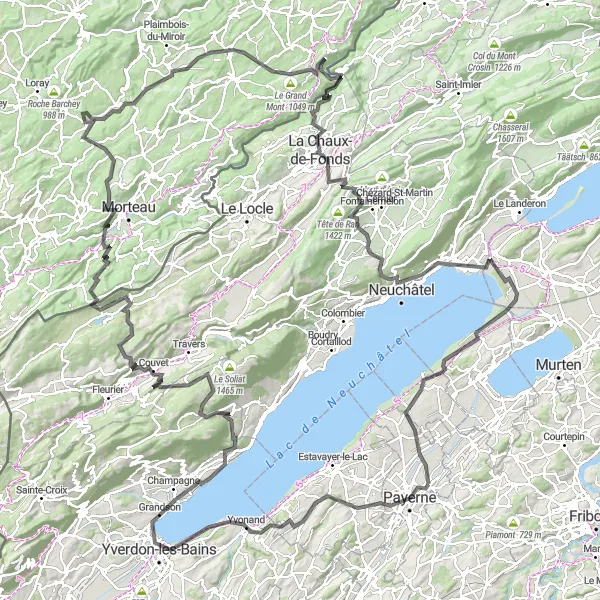 Zemljevid v pomanjšavi "Payerne to Vallon Cycling Adventure" kolesarske inspiracije v Région lémanique, Switzerland. Generirano z načrtovalcem kolesarskih poti Tarmacs.app